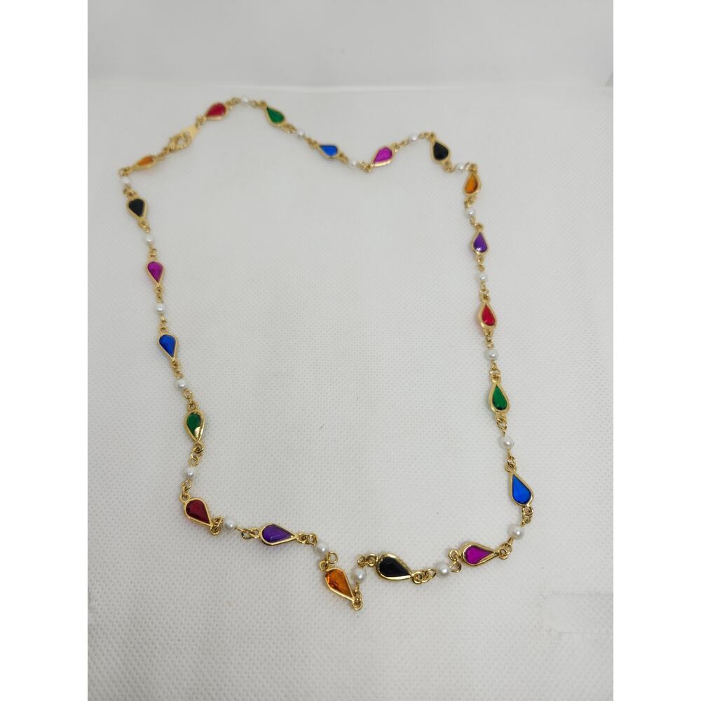 Vintage Gold Tone Faux Pearl Rainbow Teardrop Crystal Statement Necklace 23"